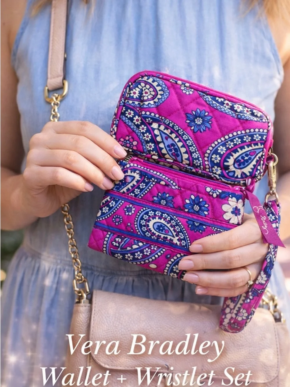 Vera Bradley Pink Paisley Coin Purse & Matching Zip ID Case Set with Wristlet